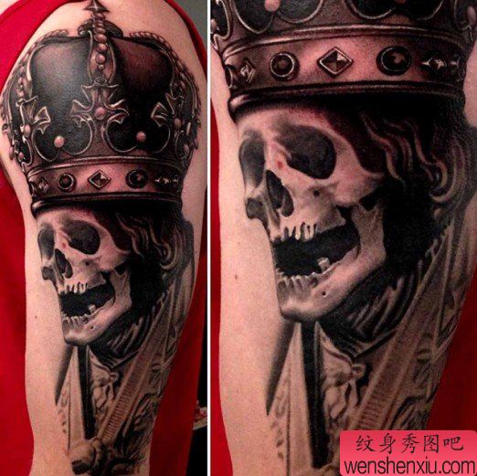为大家大臂上一幅骷髅皇冠纹身图案
