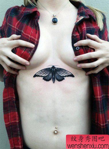 美女胸口一幅个性蝴蝶纹身图案
