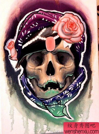 老兵纹身秀图吧推荐一个性彩色骷髅纹身图案