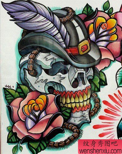 一幅漂亮的school风格骷髅玫瑰花纹身图案