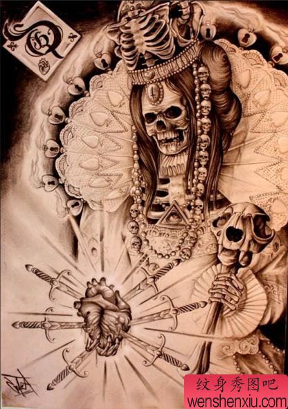一幅精致的骷髅纹身手稿