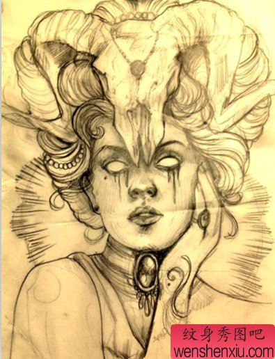 推荐一幅羊骷髅美女纹身手稿