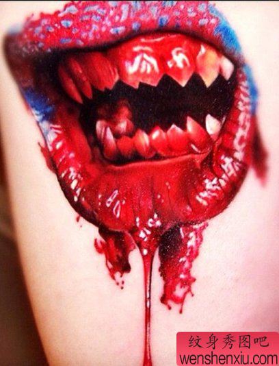 一幅恐怖滴血嘴唇纹身作品