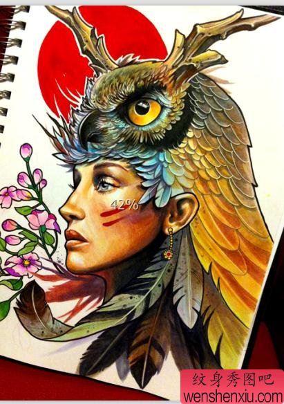 推荐一幅漂亮的欧美猫头鹰纹身手稿