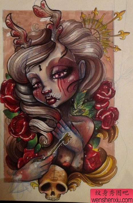 一幅欧美漂亮女孩纹身手稿