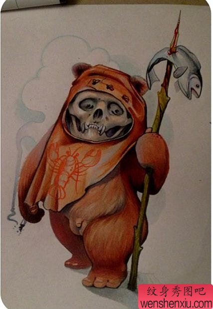 为大家一幅个性的熊骷髅纹身手稿