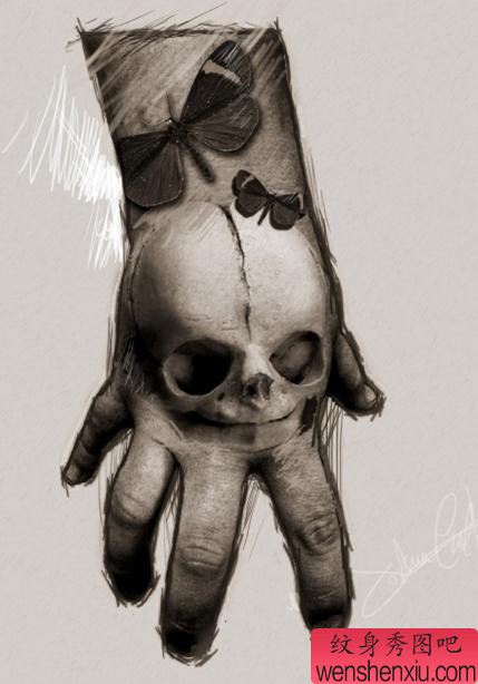 手背上一幅个性骷髅头纹身手稿