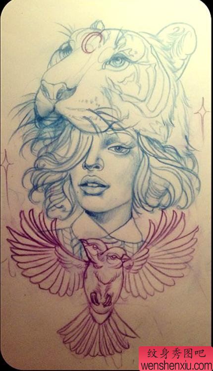 一幅school风格人物老虎纹身手稿