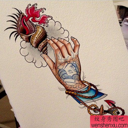 一幅个性的手海螺纹身手稿