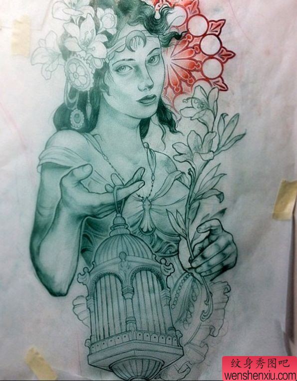 一幅欧美女性物纹身手稿