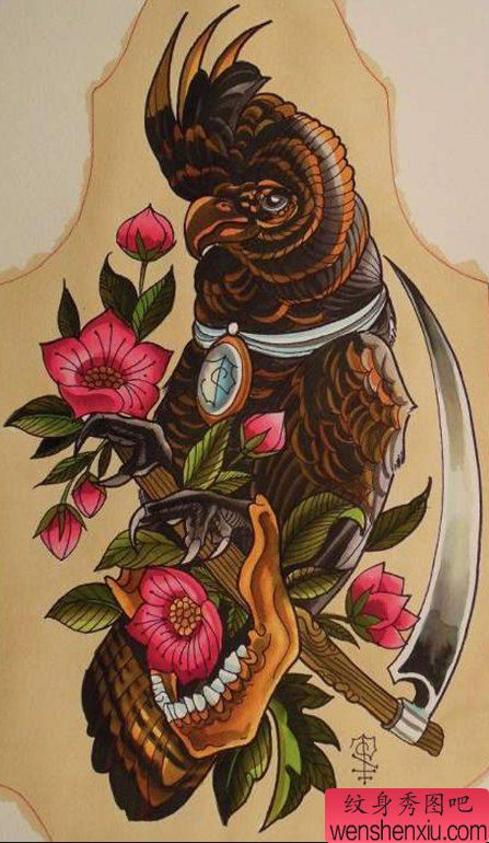 欣赏一幅欧美school风格老鹰纹身图案