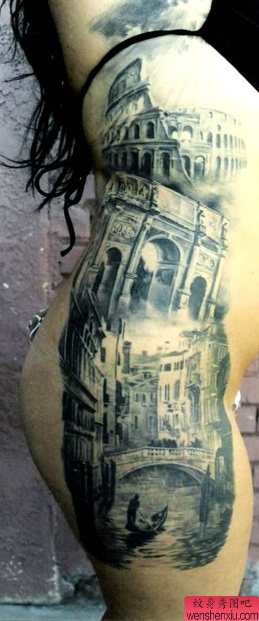 老兵纹身秀图吧推荐一幅侧腰风景纹身图案