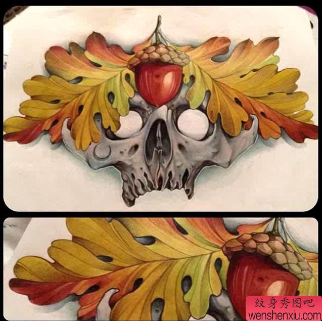 为大家一幅school风格骷髅纹身图案