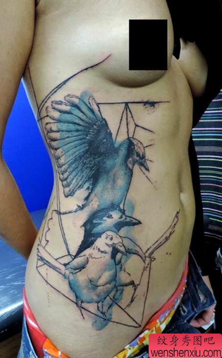 欣赏一幅性感的侧腰鸽子纹身图片