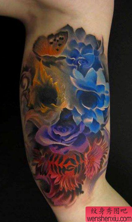 老兵纹身推荐一幅花骷髅纹身图案