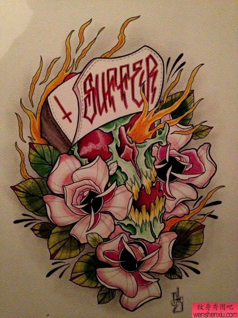 老兵纹身秀图吧推荐一幅school风格骷髅纹身作品