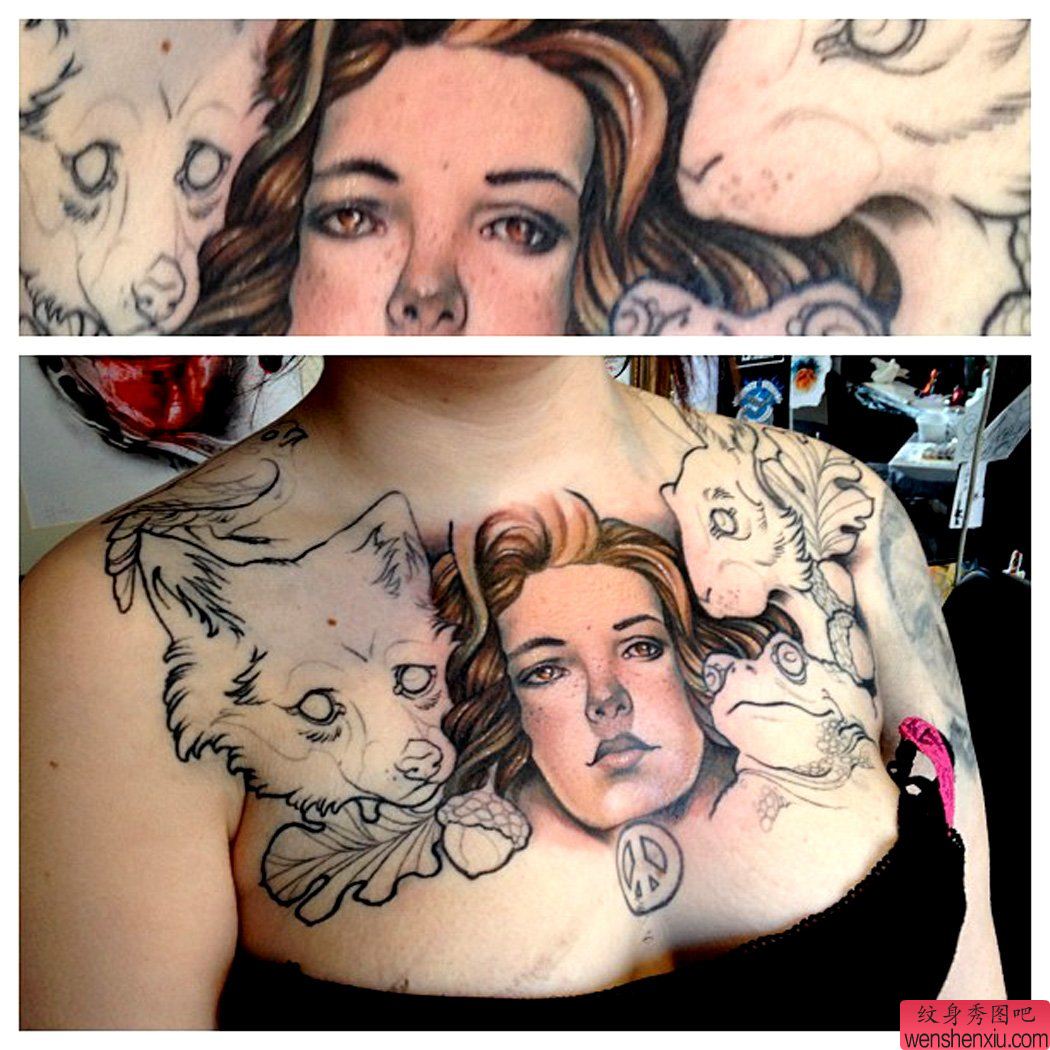 推荐一幅美女胸口女性肖像纹身作品