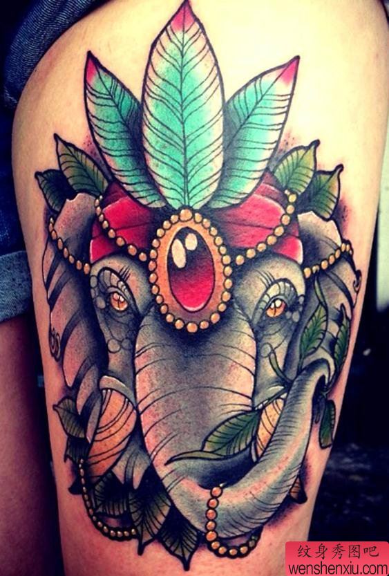 大腿上一幅个性流行的象神纹身图案