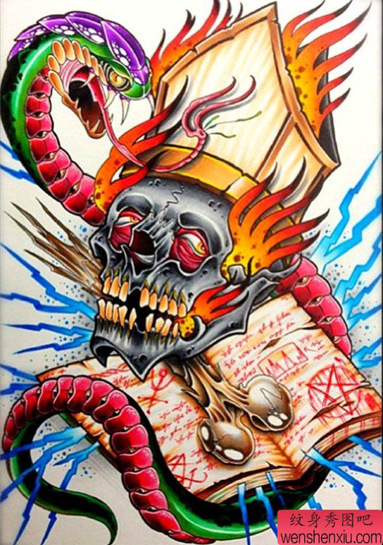 推荐一幅个性的school风格骷髅蛇纹身图案