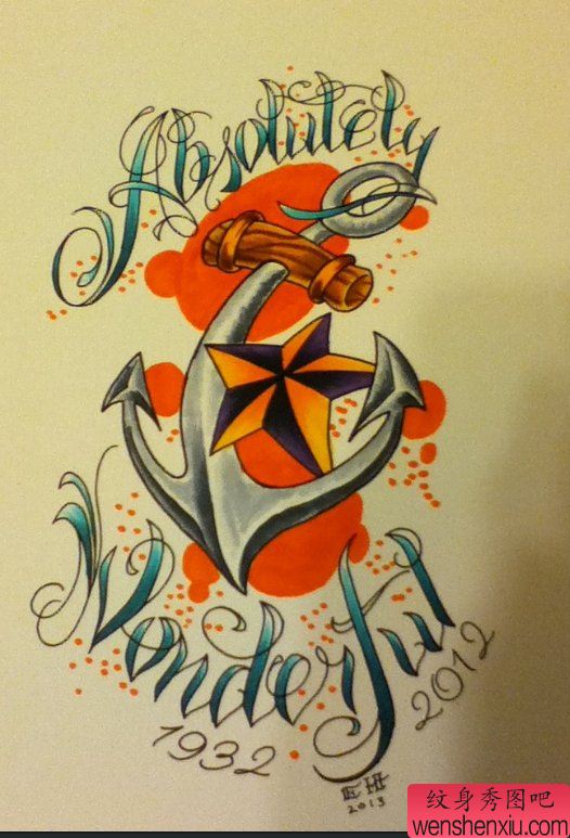 一幅流行个性的船锚纹身作品