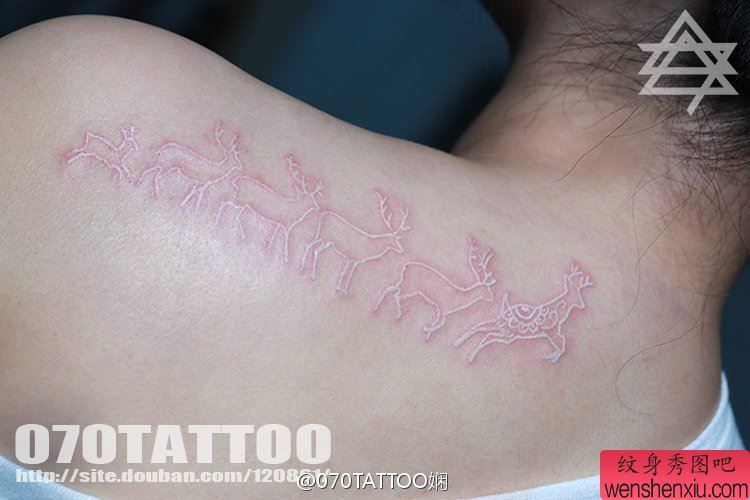 美女肩膀上一幅白色鹿纹身图案