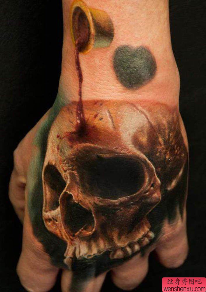 手背上一幅霸气的彩色骷髅纹身图案