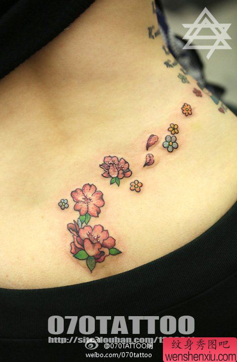 性感美女腰部上一幅漂亮的樱花纹身图案