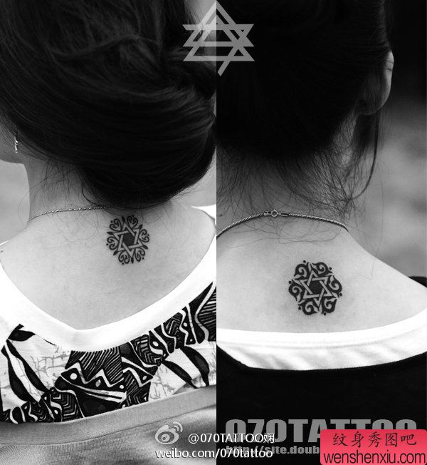 美女后背一幅简单的图腾纹身图片