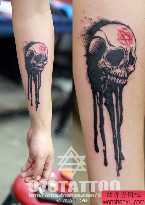 最好的纹身秀图吧推荐一幅手臂骷髅头纹身图案