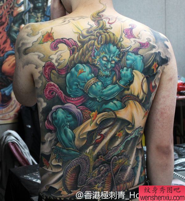 上海文身秀图吧推荐传统满背风神百鬼彩色文身图案图片欣赏