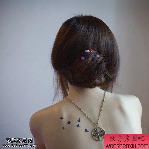 小清新创意背部鸽子文身作品