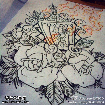文身秀图吧推荐一幅玫瑰花灯塔文身手稿作品