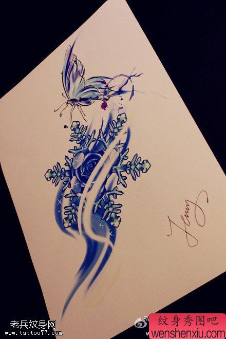 文身秀图吧推荐一幅雪花蝴蝶文身作品