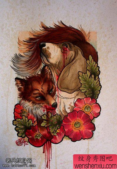 彩色狐狸狗狗花文身手稿作品由文身秀图吧分享