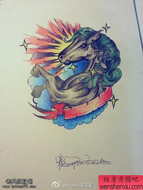 彩色马文身手稿作品由文身秀图吧分享