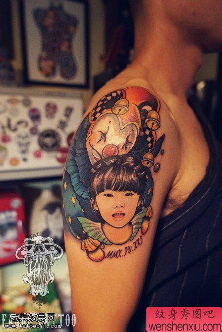 大臂彩色小丑肖像文身作品由文身分享