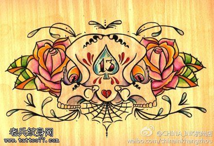一幅彩色蜘蛛网玫瑰花文身手稿作品