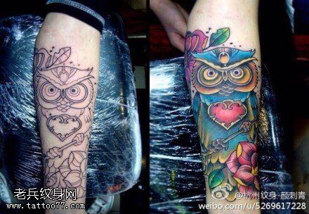 腿部彩色猫头鹰钥匙玫瑰花文身作品