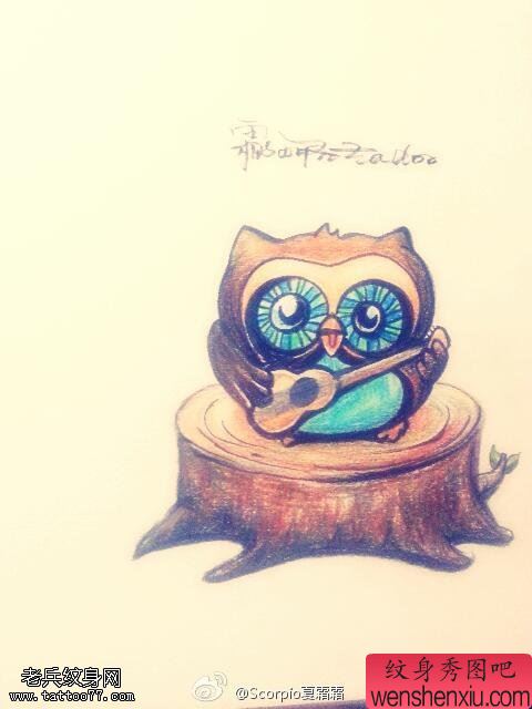 彩色萌神猫头鹰文身手稿作品由文身分享