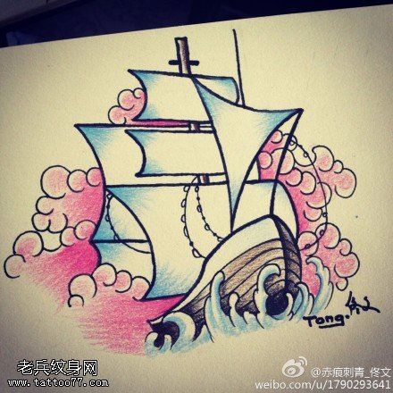 文身秀图吧推荐一幅彩色帆船文身作品