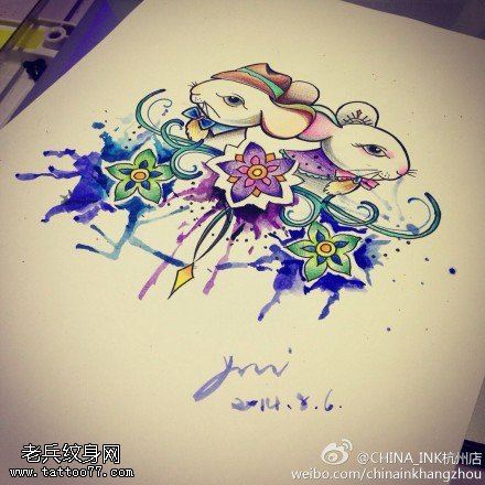 彩色泼墨兔子文身手稿作品由文身分享