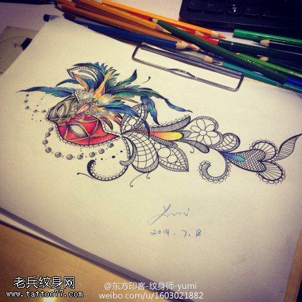 面具蕾丝边羽毛文身手稿作品