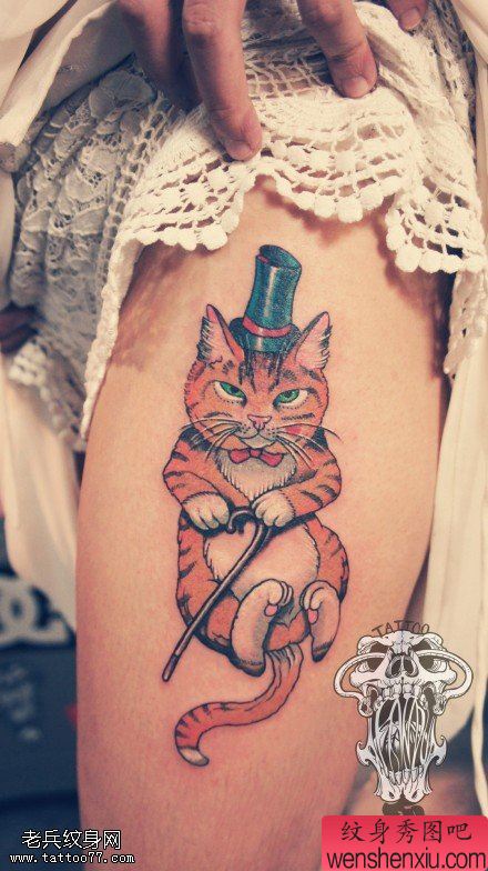 文身秀图吧推荐一幅女人腿部猫咪文身作品