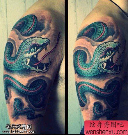 手臂彩色蛇文身作品由文身秀图吧分享