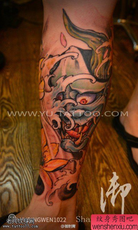 文身馆推荐一幅腿部彩色般若文身作品