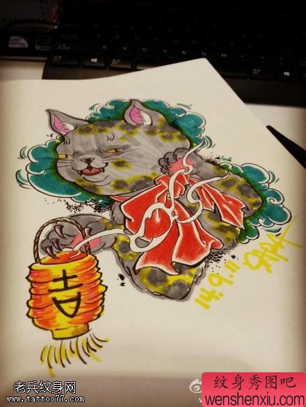 文身秀图吧推荐一幅彩色大灰猫文身手稿作品