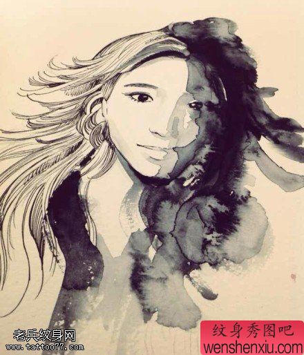 文身秀图吧分享一幅水墨肖像文身手稿作品
