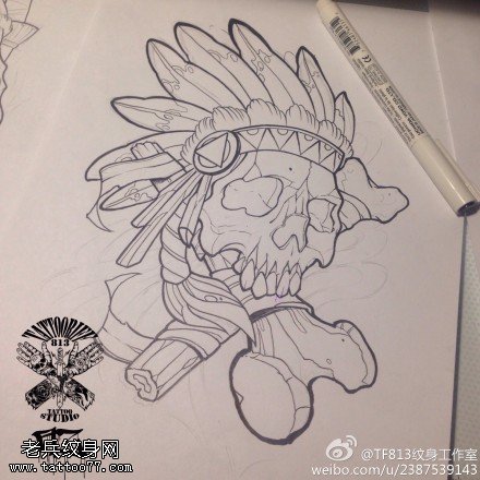 文身秀图吧推荐一幅印度安骷髅头文身手稿作品