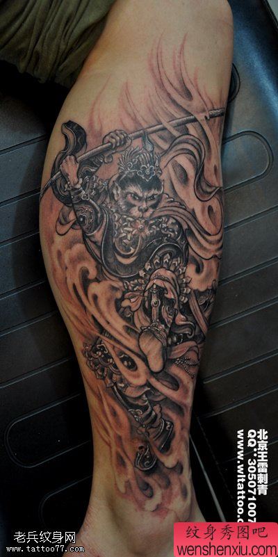 文身秀图吧推荐一幅腿部孙悟空文身作品