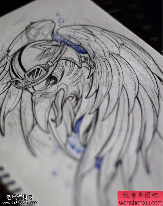 乌鸦头盔翅膀文身手稿作品